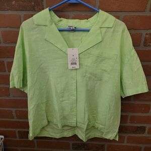 A New Day Lime Green Women's Button-Up Short Sleeve Top